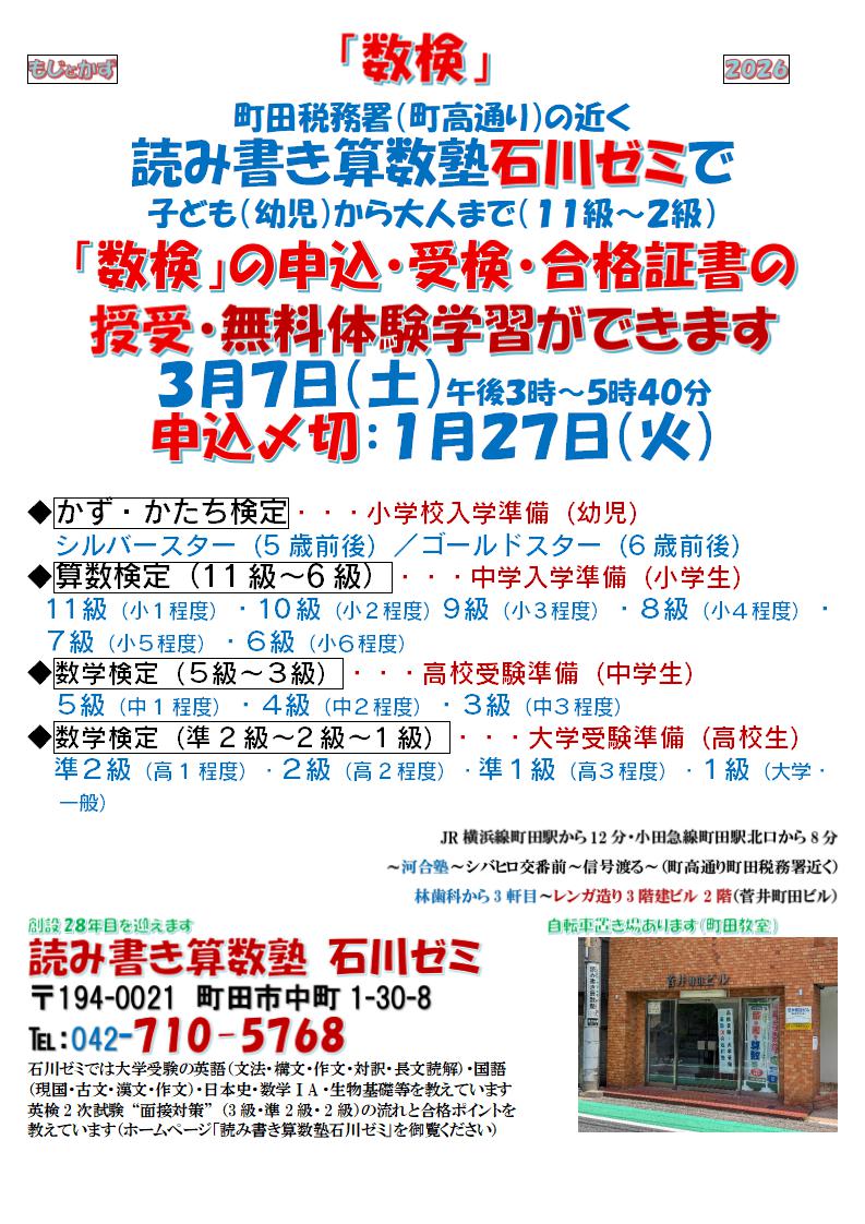 町田税務署（町高通り）の近く 読み書き算数塾石川ゼミで子ども（幼児）から大人まで（１１級～２級）「数検」の申込・受検・合格証書の授受・無料体験学習ができます